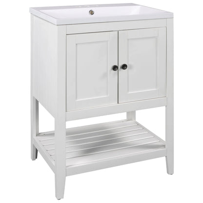 24" White Modern Sleek Bathroom Vanity Elegant Ceramic Sink with Solid Wood Frame Open Style Shelf by eprolo