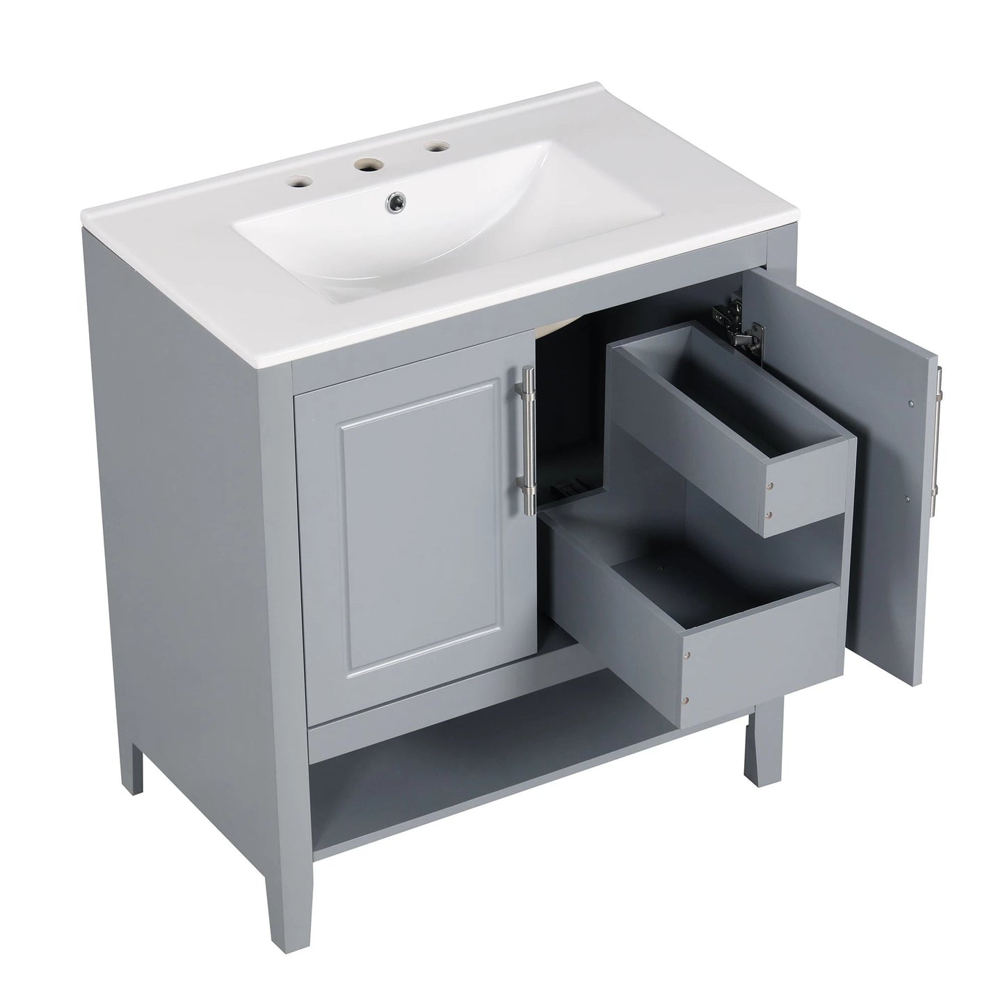 30" Bathroom Vanity with Sink, Multi-functional Bathroom Cabinet with Doors and Drawers, Solid Frame and MDF Board, Grey by eprolo