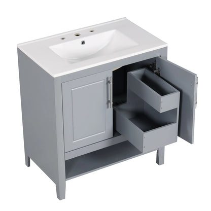 30" Bathroom Vanity with Sink, Multi-functional Bathroom Cabinet with Doors and Drawers, Solid Frame and MDF Board, Grey by eprolo