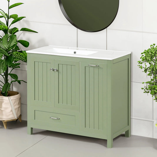 36 inch bathroom vanity with sink, one double door cabinet one large drawer and one flip drawer solid wood and MDF board, green by eprolo