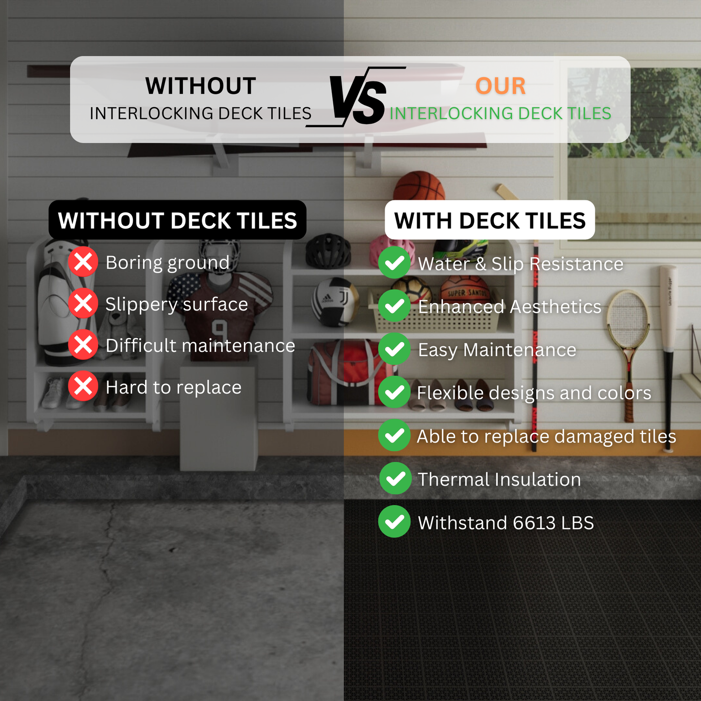 12 x 12 inch black interlocking deck tiles, plastic waterproof, weighing up to 6613 pounds, with a rose pattern pack of 12 by eprolo