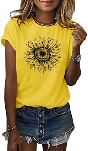 Camiseta de manga corta para mujer con estampado de girasol, top holgado de verano
