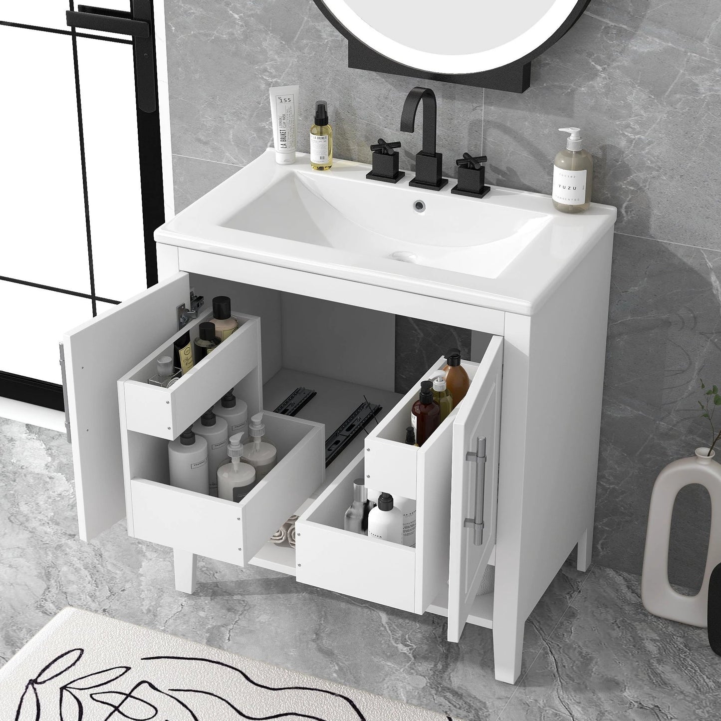 30" Bathroom Vanity with Sink Multi-functional Bathroom Cabinet with Doors and Drawers Solid Frame and MDF Board, White by eprolo