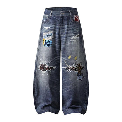Embroidered Denim Pants Unisex Wide Leg Straight Leg Long Pants Trendy by eprolo