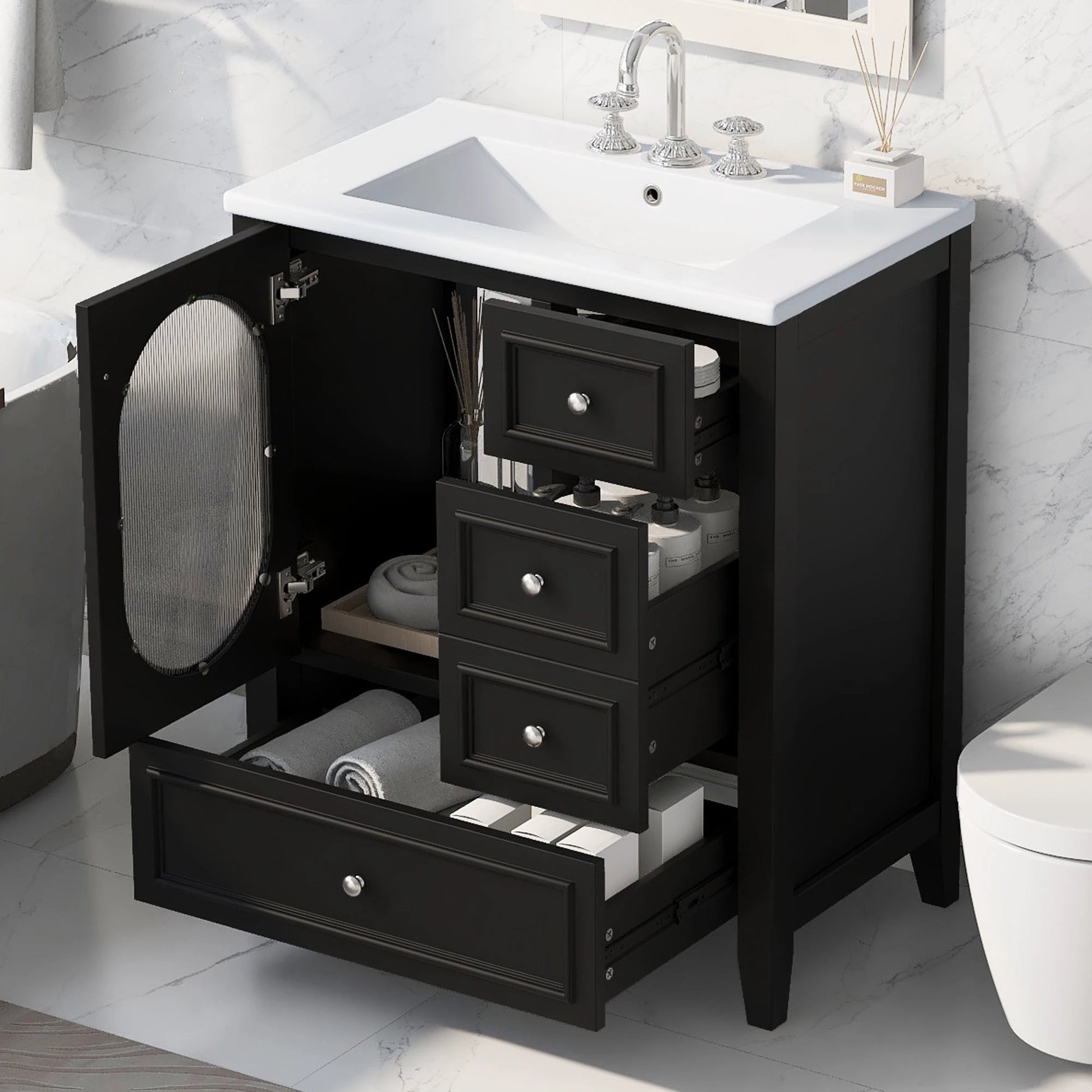 30" Bathroom Vanity with Sink, Bathroom Vanity Cabinet with Three Drawers and Door by eprolo