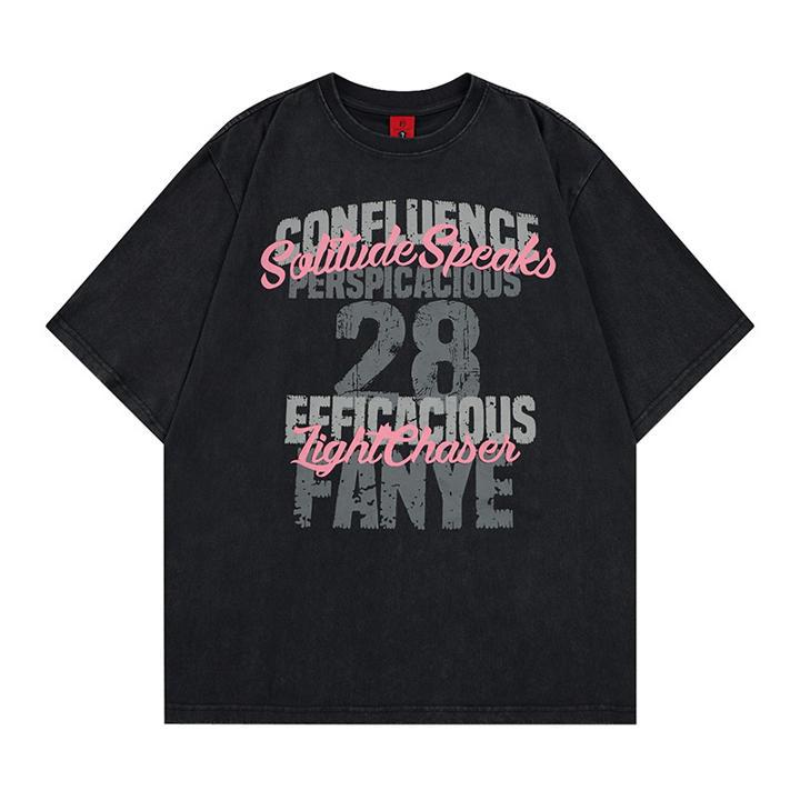 Washed gradient letter graffiti printed short sleeved shirt