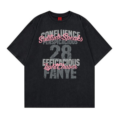 Washed gradient letter graffiti printed short sleeved shirt