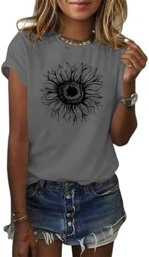 Camiseta de manga corta para mujer con estampado de girasol, top holgado de verano