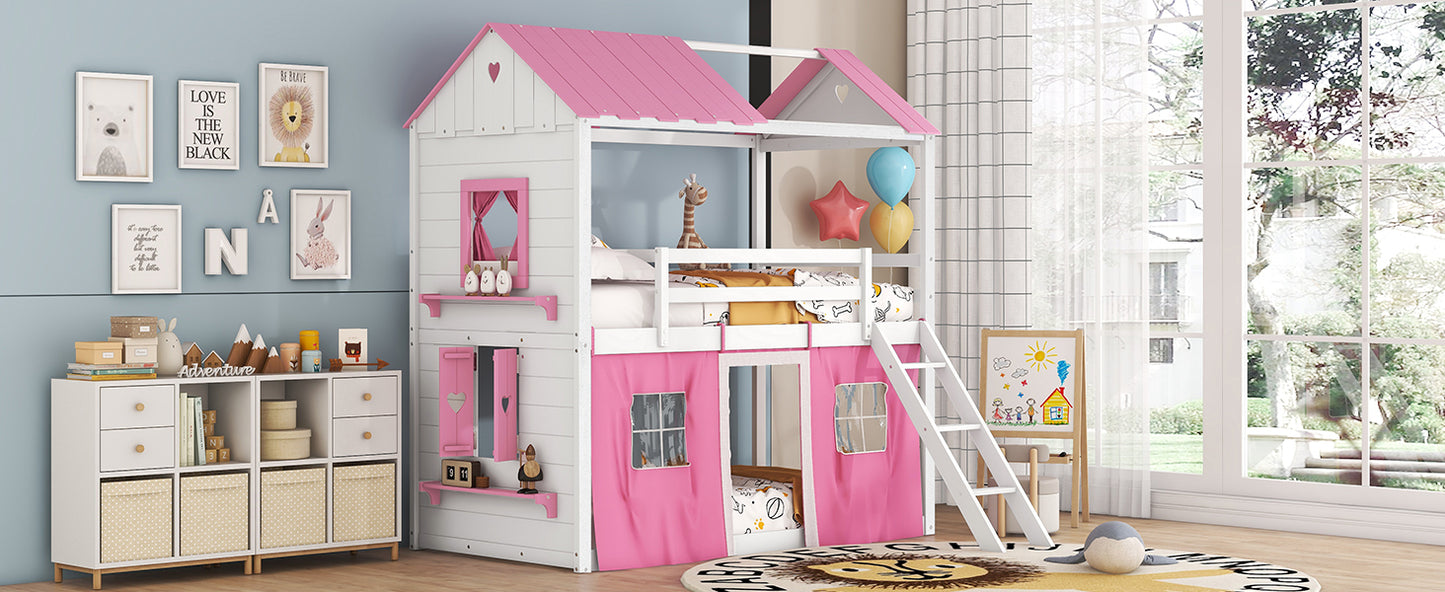 Cama de literas de madera individual con elegantes ventanas, alféizares y tienda de campaña, rosa + blanco