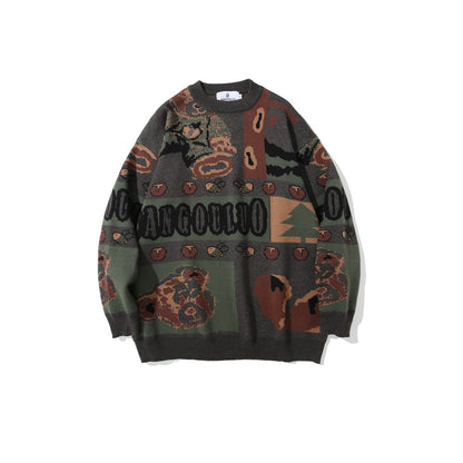 Retro Jacquard Knitted Sweater Men's Loose Round Neck Color blocked Knitted Sweater Long Sleeve