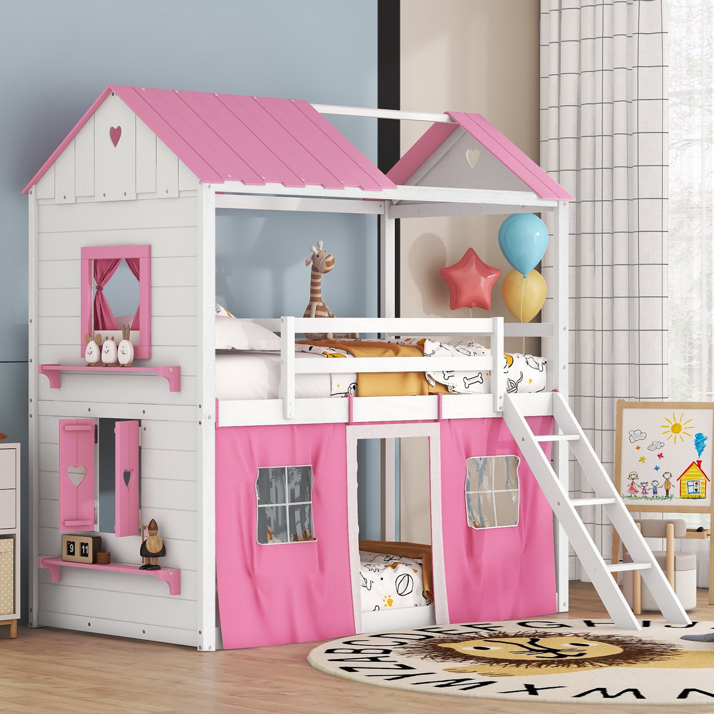 Cama de literas de madera individual con elegantes ventanas, alféizares y tienda de campaña, rosa + blanco
