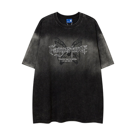 Gradient distressed butterfly embroidery short sleeved shirt