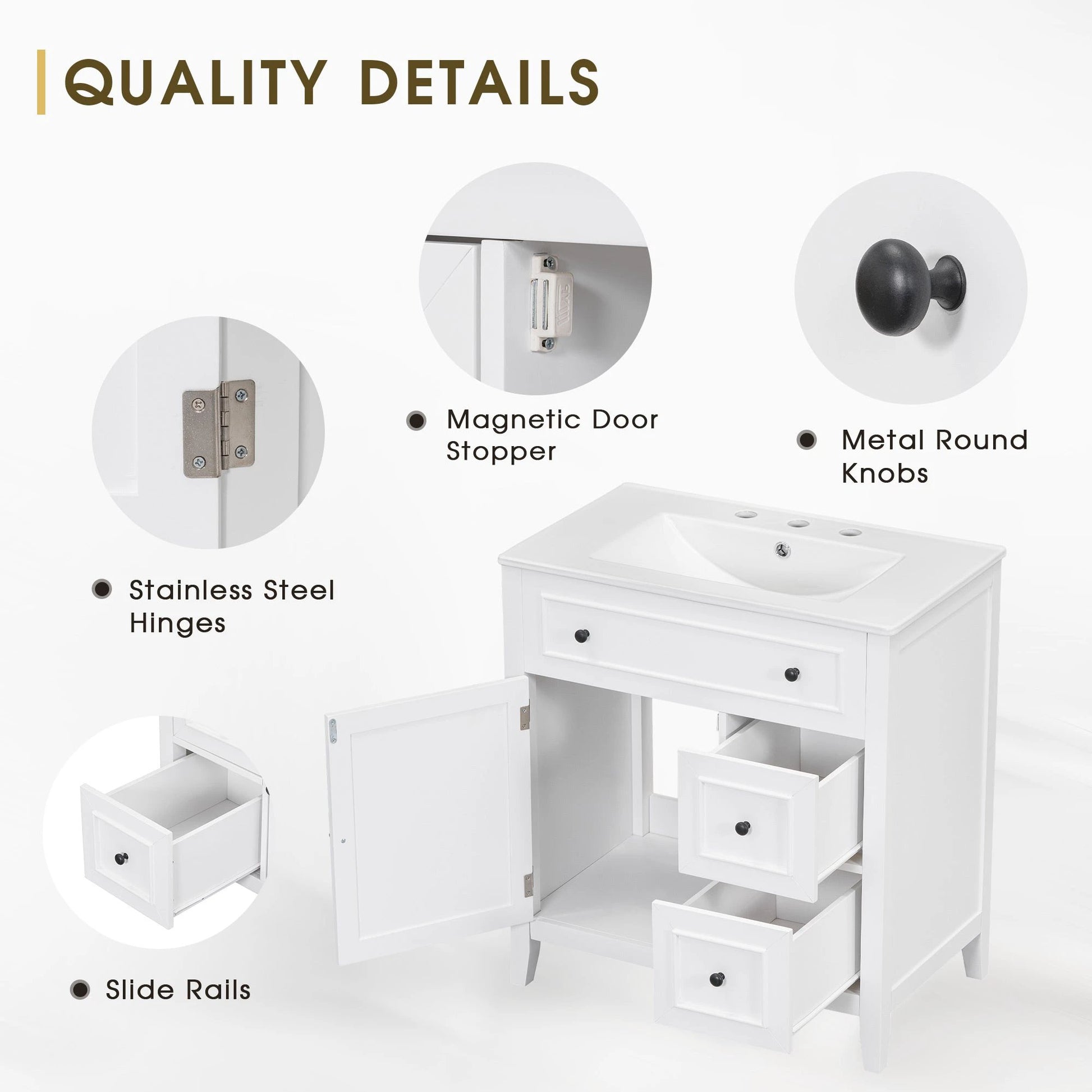 30" Bathroom Vanity with Sink Top, Bathroom Vanity Cabinet with Door and Two Drawers, Solid Wood Frame, One Package, White by eprolo