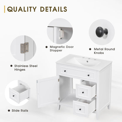 30" Bathroom Vanity with Sink Top, Bathroom Vanity Cabinet with Door and Two Drawers, Solid Wood Frame, One Package, White by eprolo
