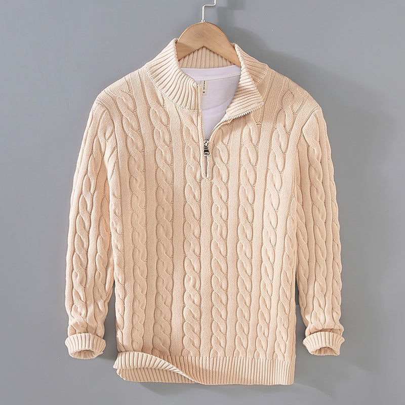 Men's Thickened Coarse Knit Mock Neck Zipper Loose Pullover Sweater