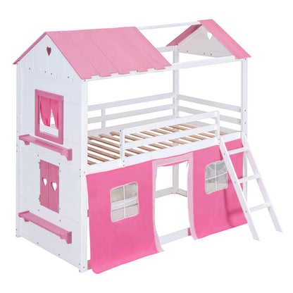 Cama de literas de madera individual con elegantes ventanas, alféizares y tienda de campaña, rosa + blanco