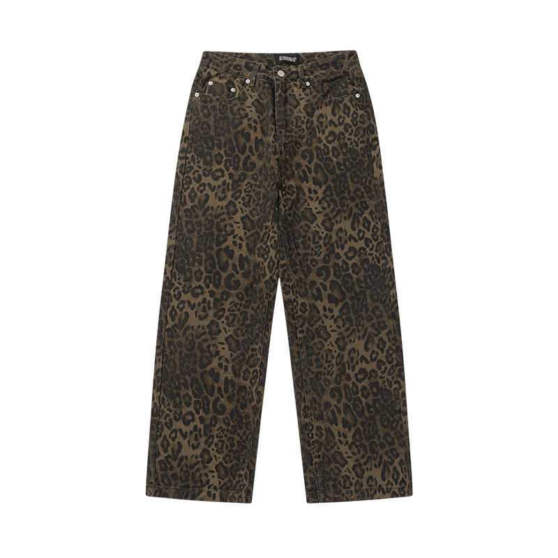 Pantalon décontracté coupe droite délavé imprimé léopard