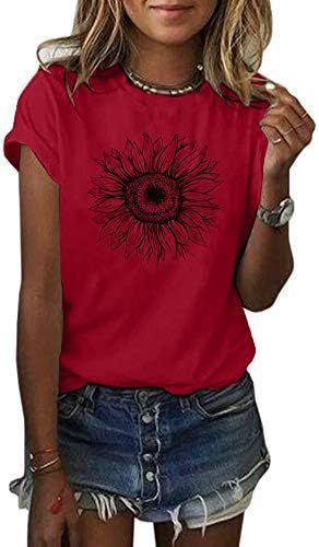 Camiseta de manga corta para mujer con estampado de girasol, top holgado de verano