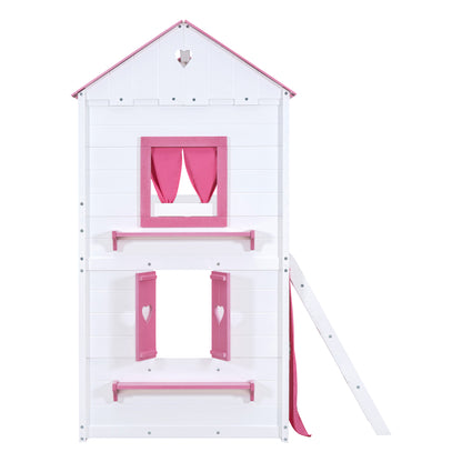 Cama de literas de madera individual con elegantes ventanas, alféizares y tienda de campaña, rosa + blanco