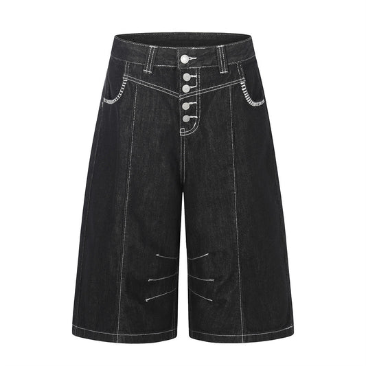 Pantalon de travail à jambe droite, boutonné, longueur cinq-quarts, avec poches et coutures color block.