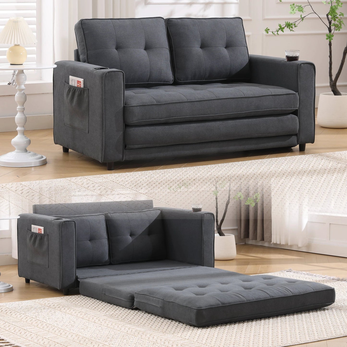 Three in one soft cushion cushion cushion sofa, folding mattress sofa bed, with side pockets and cup holder, dark gray by eprolo