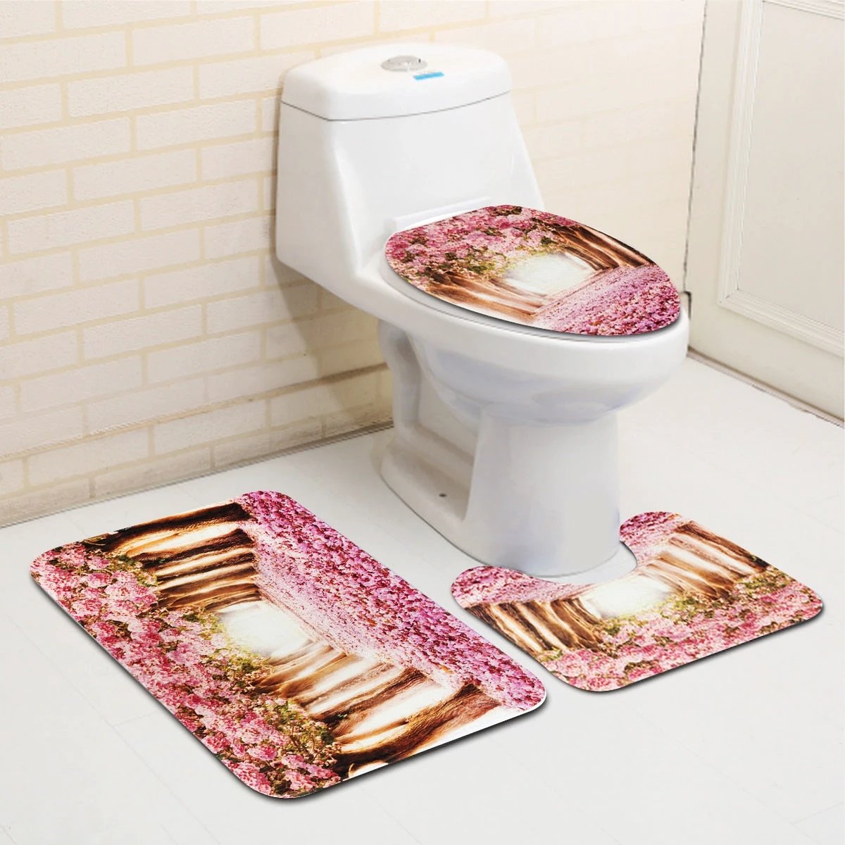 Arrivals Europe Pink Sakura Tree Pattern Bathroom Four-piece Suit,Shower Curtain Bathroom Pedestal Rug Lid Toilet Cover Bath Mat Set by eprolo