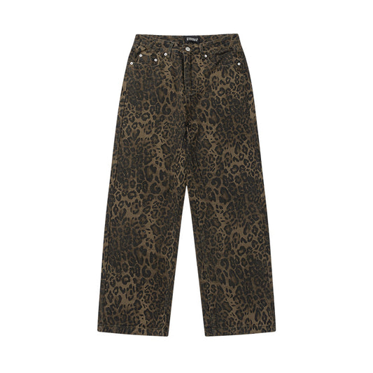 Pantalon décontracté coupe droite délavé imprimé léopard