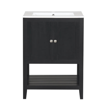24" Black Modern Sleek Bathroom Vanity Elegant Ceramic Sink with Solid Wood Frame Open Style Shelf by eprolo