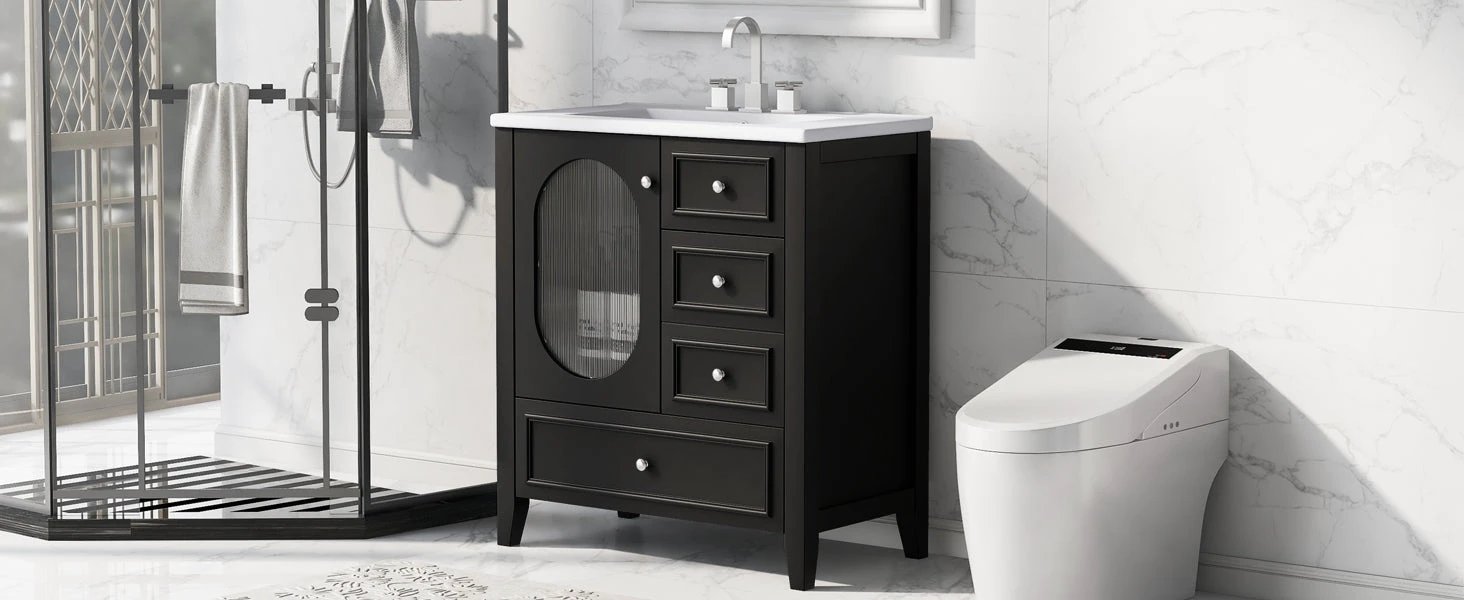 30" Bathroom Vanity with Sink, Bathroom Vanity Cabinet with Three Drawers and Door by eprolo