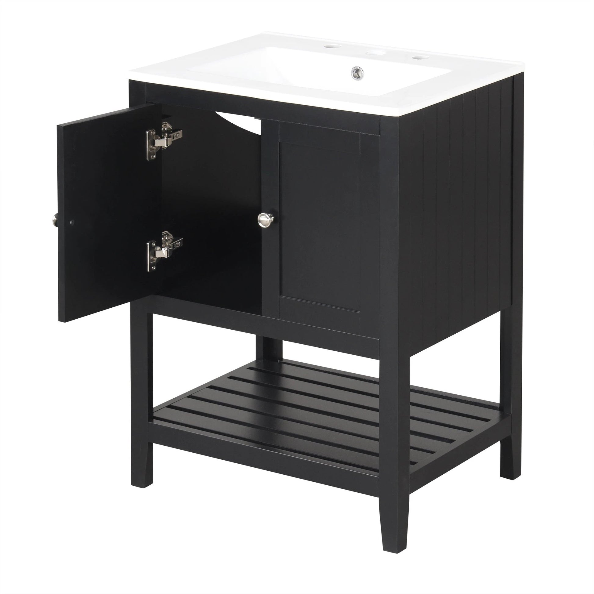 24" Black Modern Sleek Bathroom Vanity Elegant Ceramic Sink with Solid Wood Frame Open Style Shelf by eprolo
