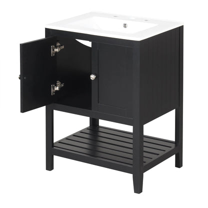 24" Black Modern Sleek Bathroom Vanity Elegant Ceramic Sink with Solid Wood Frame Open Style Shelf by eprolo