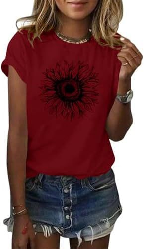 Camiseta de manga corta para mujer con estampado de girasol, top holgado de verano
