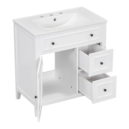 30" Bathroom Vanity with Sink Top, Bathroom Vanity Cabinet with Door and Two Drawers, Solid Wood Frame, One Package, White by eprolo