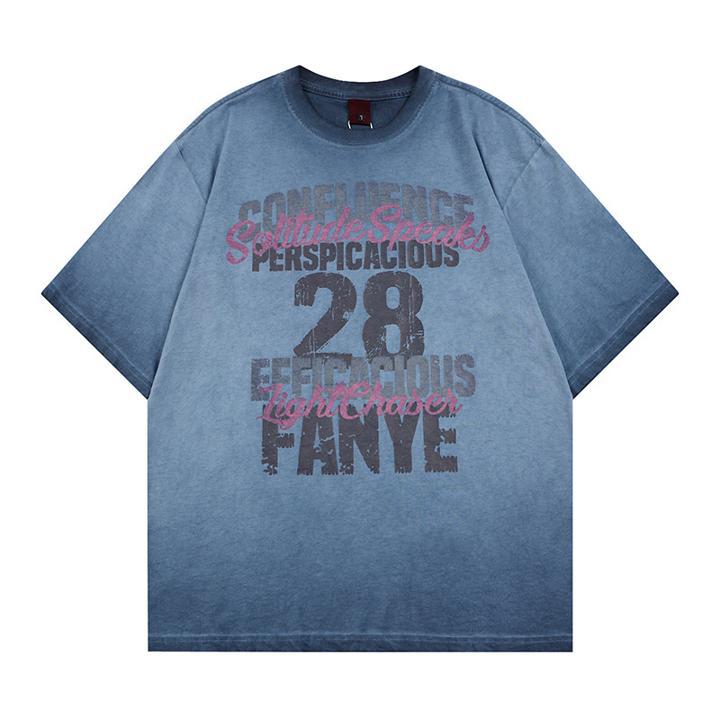 Washed gradient letter graffiti printed short sleeved shirt