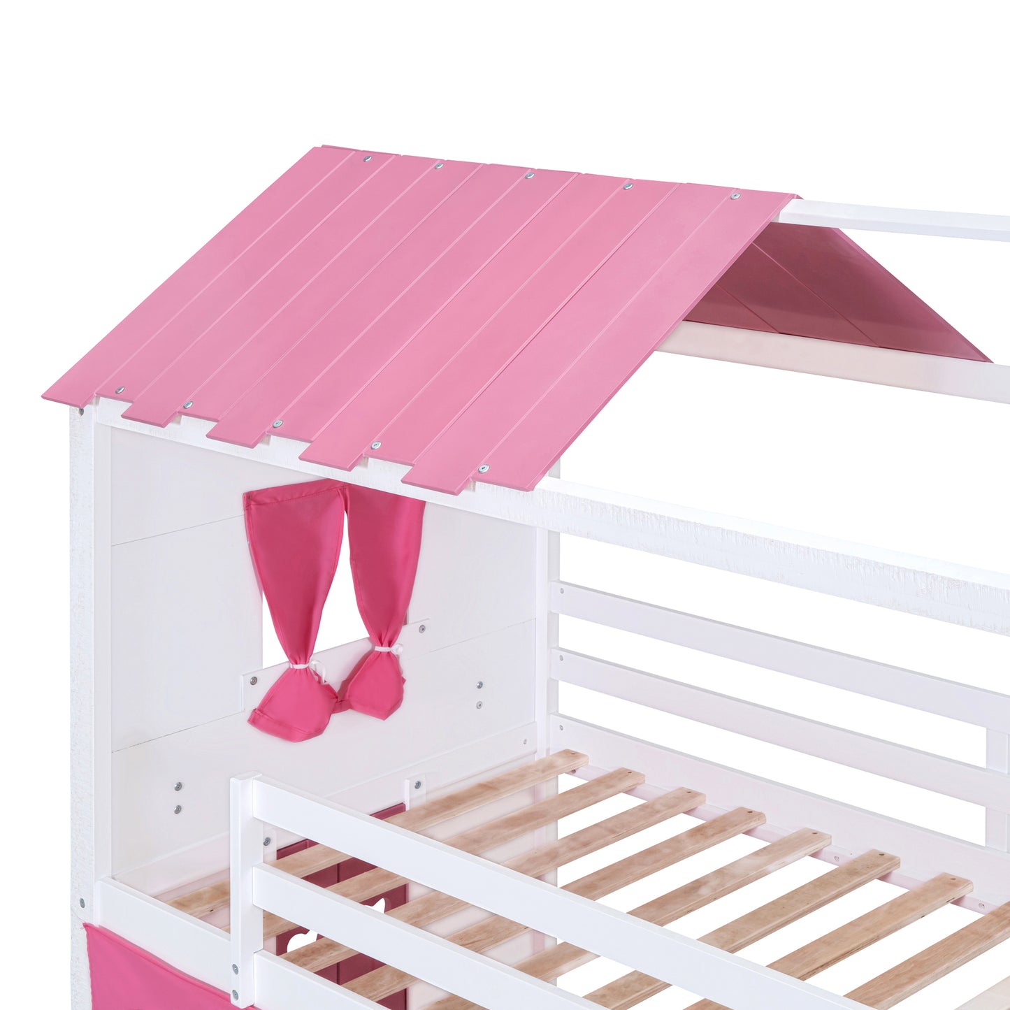 Cama de literas de madera individual con elegantes ventanas, alféizares y tienda de campaña, rosa + blanco