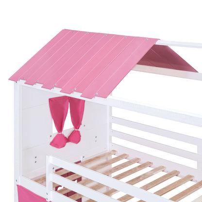 Cama de literas de madera individual con elegantes ventanas, alféizares y tienda de campaña, rosa + blanco