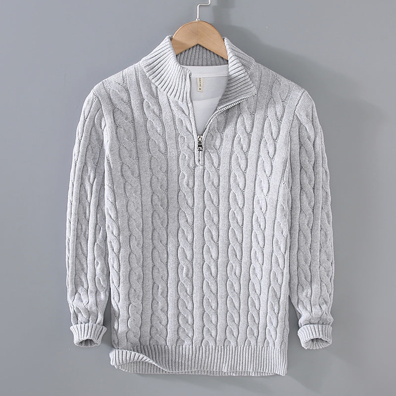 Men's Thickened Coarse Knit Mock Neck Zipper Loose Pullover Sweater