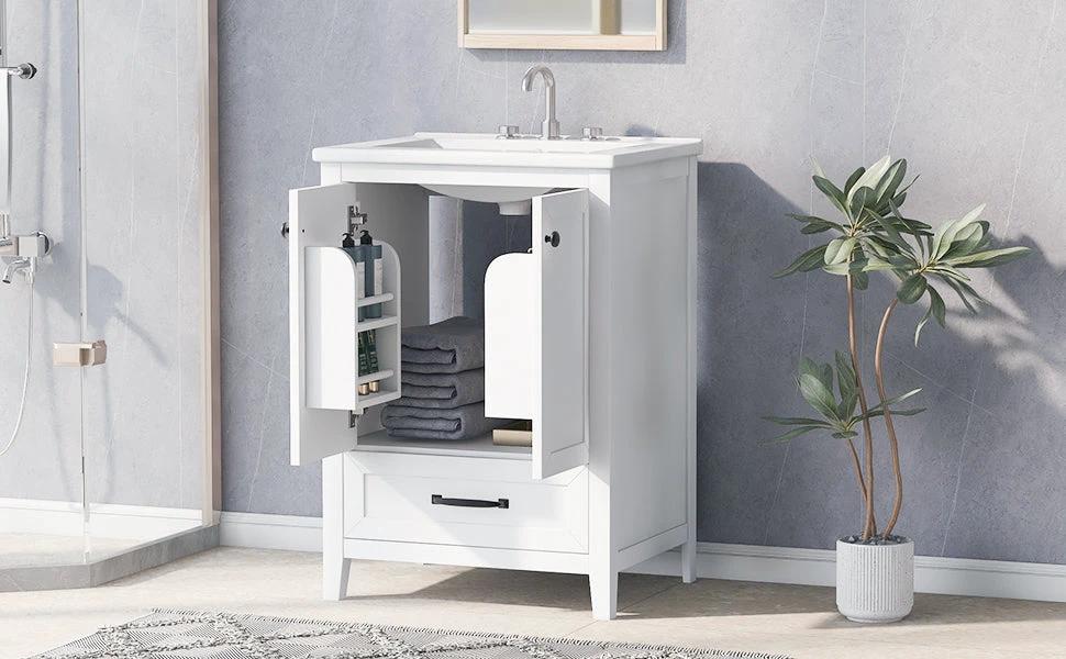 24" Bathroom Vanity with Sink, Bathroom Vanity Cabinet with One Drawer and Doors, Solid Wood and MDF, White by eprolo