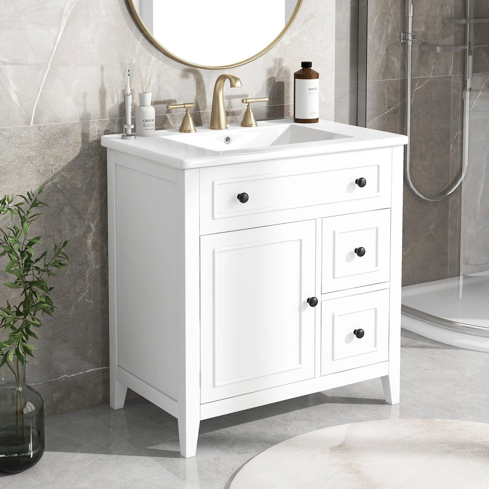 30" Bathroom Vanity with Sink Top, Bathroom Vanity Cabinet with Door and Two Drawers, Solid Wood Frame, One Package, White by eprolo
