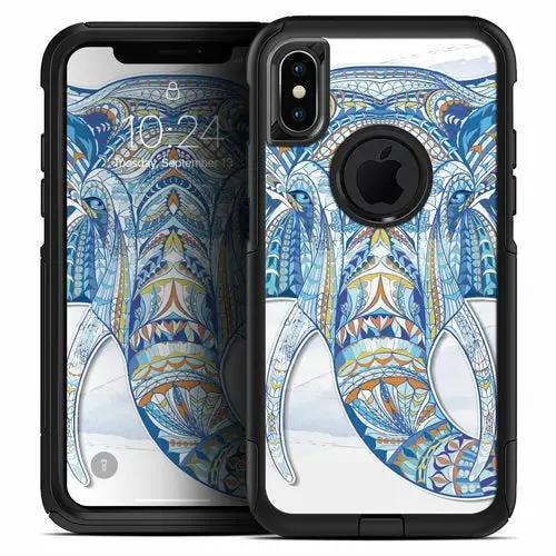 Geometric Sacred Elephant iPhone OtterBox skin case in blue and white; two views.