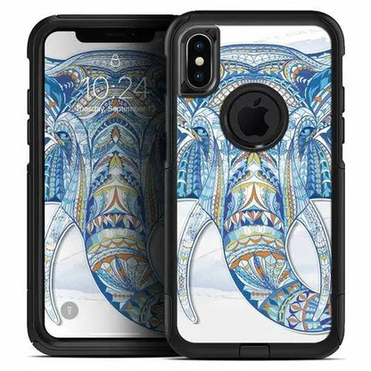 Geometric Sacred Elephant iPhone OtterBox skin case in blue and white; two views.