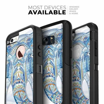 Geometric Sacred Elephant iPhone OtterBox skin kit by PrimeCanada.Store; blue elephant pattern on black cases (set of 3)