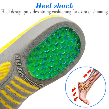 Kotlikoff orthopedic shoe insoles, gray with yellow trim and green hex-grid cushioning