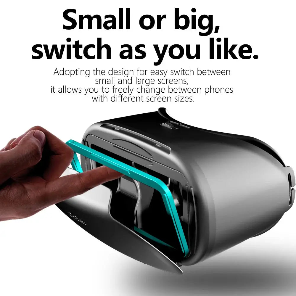 Black VR headset with teal frame insert being adjusted by hand