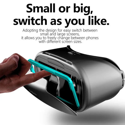 Black VR headset with teal frame insert being adjusted by hand