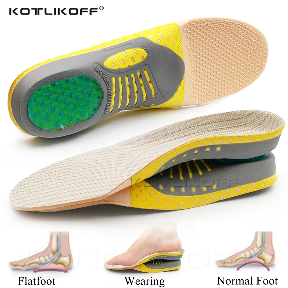 Kotlikoff orthopedic shoe insoles, yellow and gray layered design with green arch pad; pair