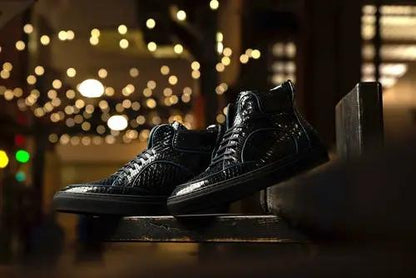 Dtown Python high-top sneakers, black patent-textured leather, pair.