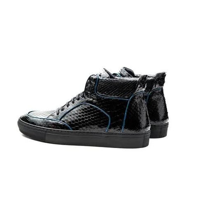 Dtown Python high-top sneakers, black patent snakeskin with blue piping, pair by PrimeCanada.Store