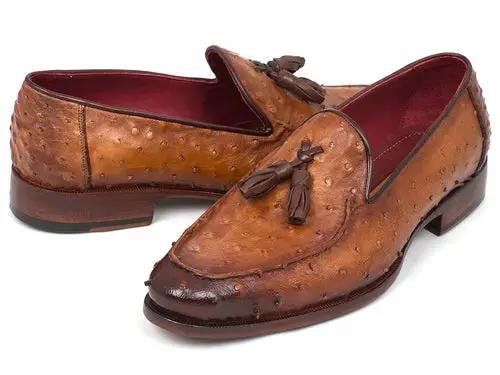 Paul Parkman camel brown genuine ostrich tassel loafers, pair of shoes
