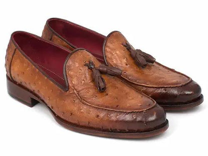 Paul Parkman camel brown genuine ostrich tassel loafers, pair
